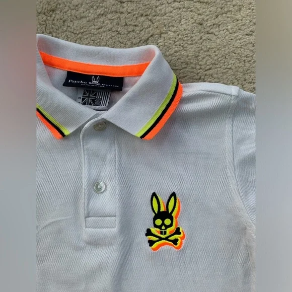 Psycho Bunny Size XS, 5/6, White Pique Polo with Neon Trim - Picture 5 of 7